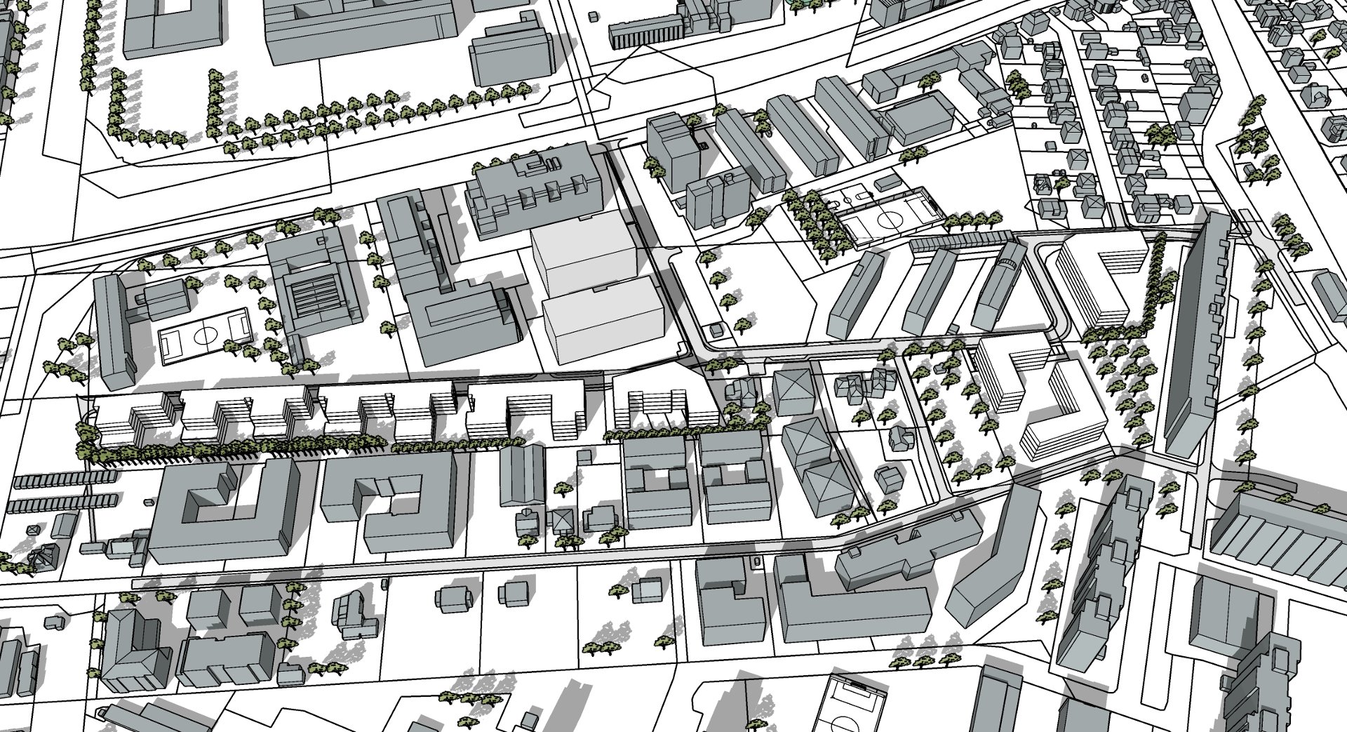 Szczegółowy plan architektoniczny lub urbanistyczny miasta lub dzielnicy. Widok z góry na różne budynki, drogi i tereny zielone. Budynki są przedstawione w formacie modelu 3D, o różnych kształtach i rozmiarach, wskazujących różne typy struktur. Liczne drzewa i ścieżki są przedstawione na całym obszarze. Układ obejmuje budynki mieszkalne, komercyjne oraz tereny rekreacyjne, takie jak boisko sportowe. - grafika artykułu