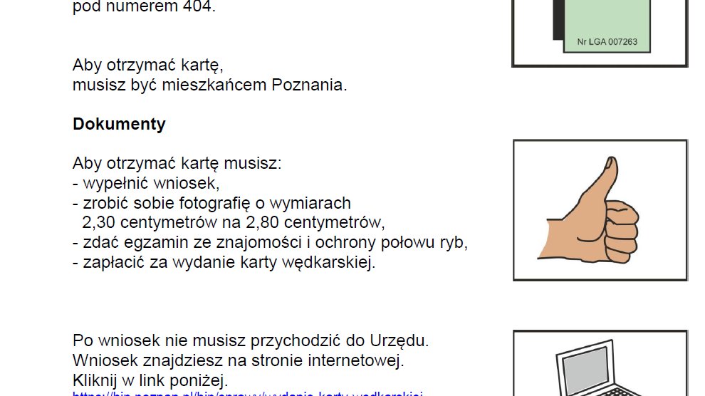 Na białym tle od lewej strony tekst, po prawe grafiki przedstawiające kartę wędkarską, kciuk w górę i laptop