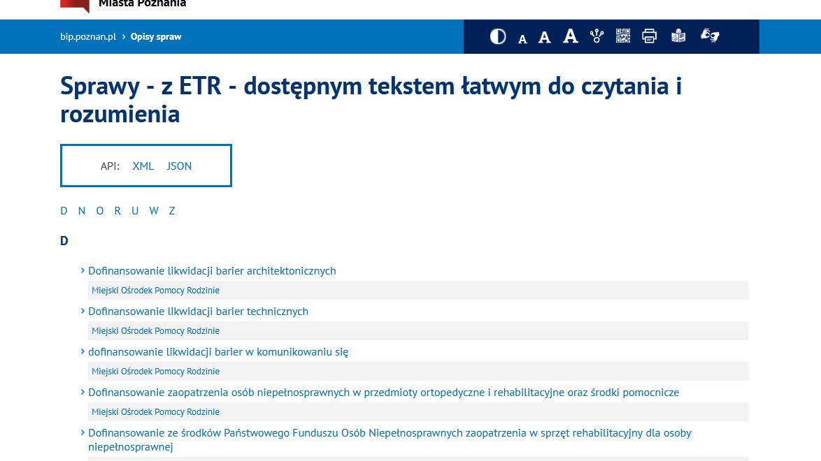 Na białym tle niebieskie hasła dokumentów Urzędu Miasta Poznania, które można odczytać w tekście łatwym do czytania i rozumienia