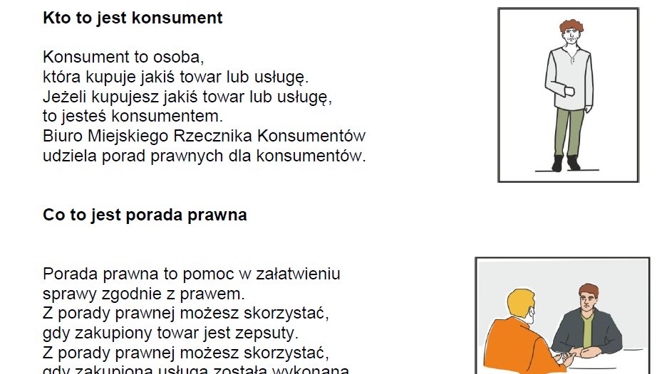 Na białym tle od lewej strony tekst, po prawe grafiki przedstawiające stojącego mężczyznę i dwójkę mężczyzn rozmawiających przy stole