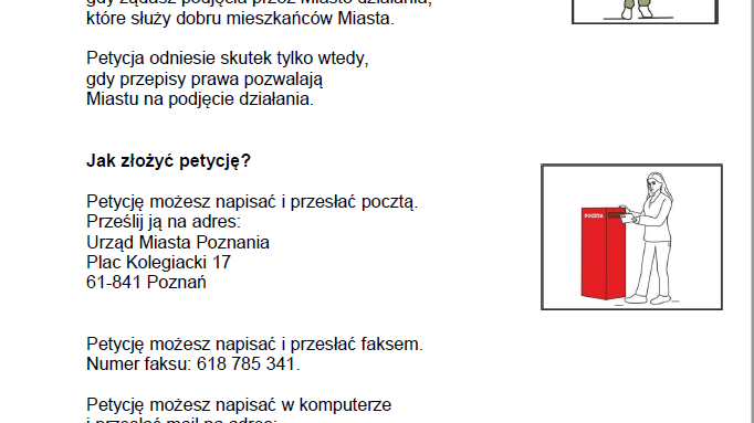 Na białym tle od lewej strony tekst, po prawe grafiki przedstawiające: Prezydenta Poznania, osobę wrzucająca list do skrzynki i kobiete piszącą na komputerze