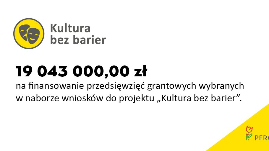 na białym tle logo projektuKultura bez barier i suma dziewiętnaście milionów czterdzieści trzy tysiące zżłotych. w prawym dolnym rogu na żółtym tle logo PFRON