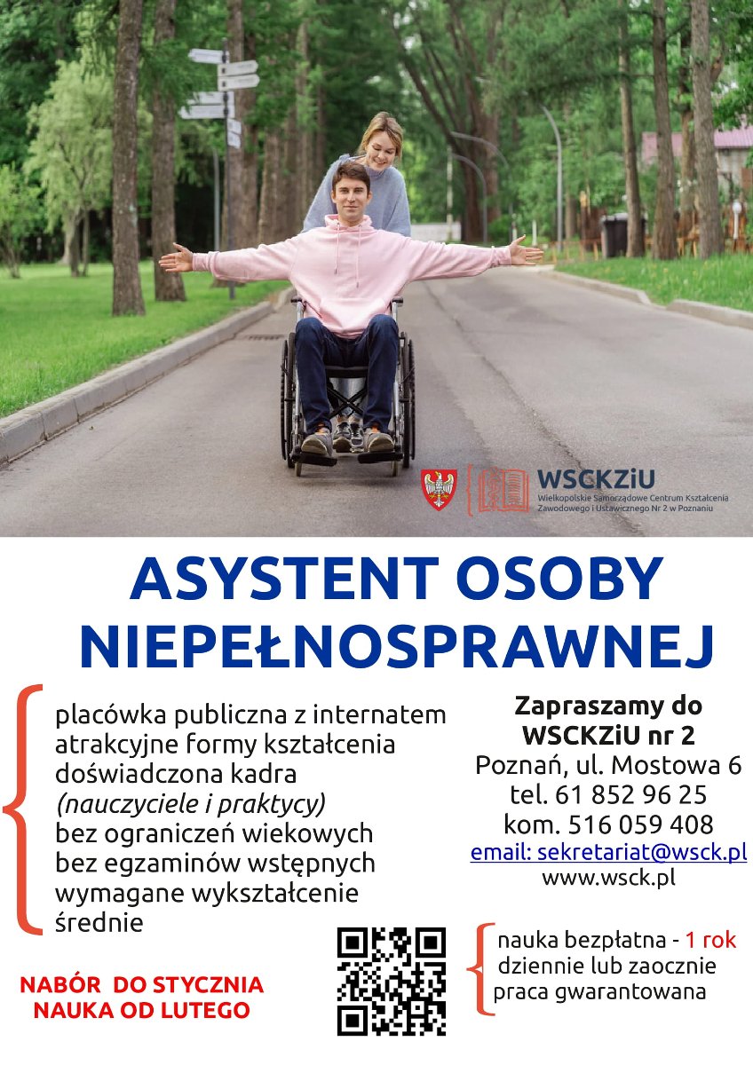 na białym tle fragment plakatu z napisem Asystent osoby niepełnosprawnej oraz informacjami szczegółowymi - grafika artykułu