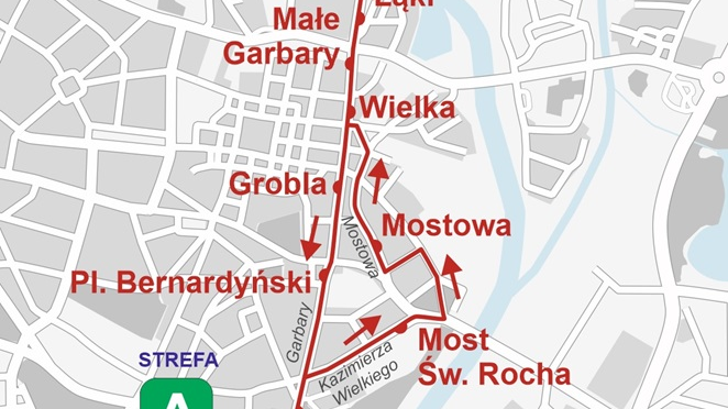Trasa objazdu dla linii autobusowych nr 174, 176, 190 i 603 w centrum Poznania