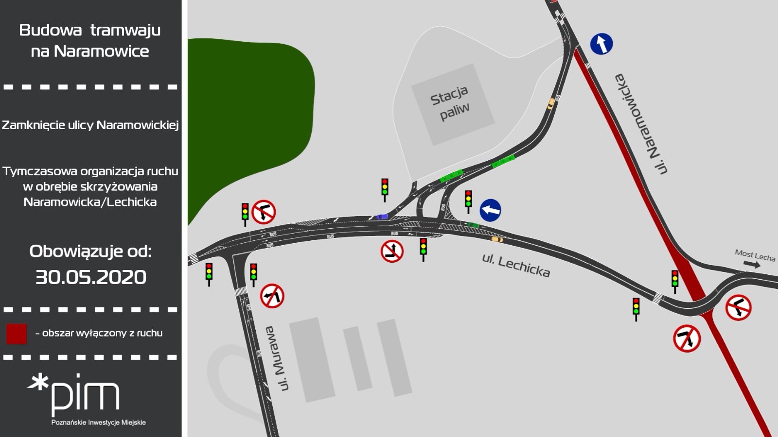 Tymczasowa organizacja ruchu w obrębie skrzyżowania Naramowicka/Lechicka