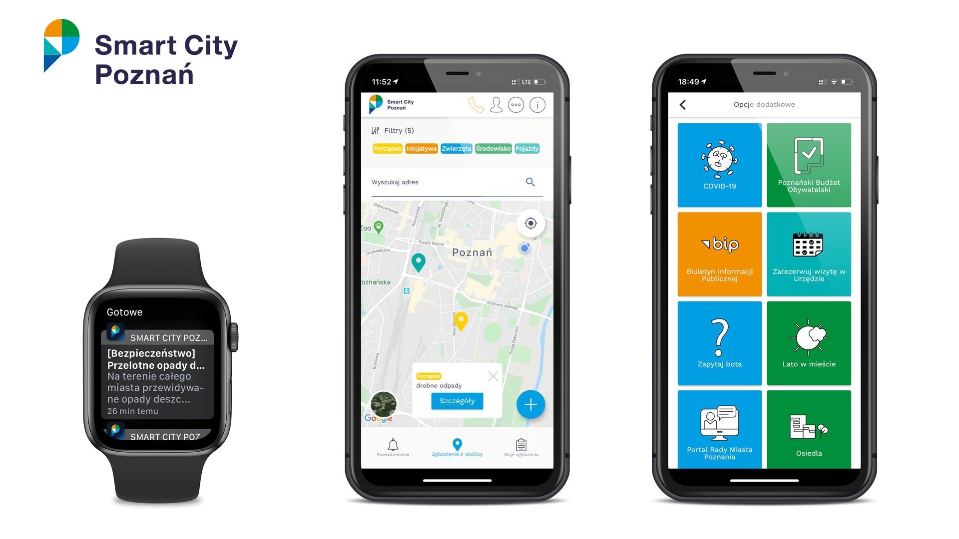 Na grafice trzy urządzenia obok siebie: smartwatch i dwa smartfony. Na każdym z nich inny ekran aplikacji Smart City Poznan