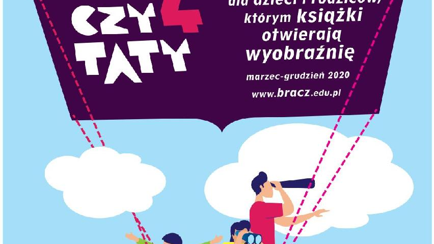 Ilustracja przedstawia plakat zapowiadający akcję. Grafika przedstawia ludzi podróżujących balonem w postaci książki