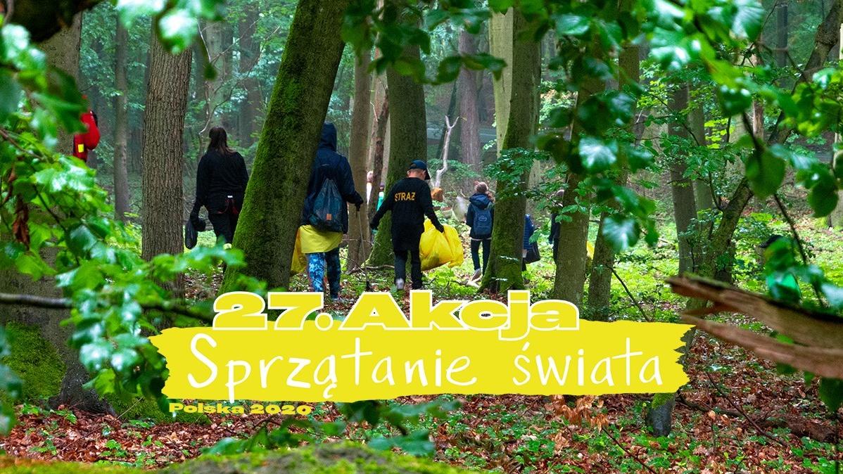 Zdjęcie przedstawia osoby sprzątające las. Widoczny jest też napis 27. akcja sprzątania świata. - grafika artykułu