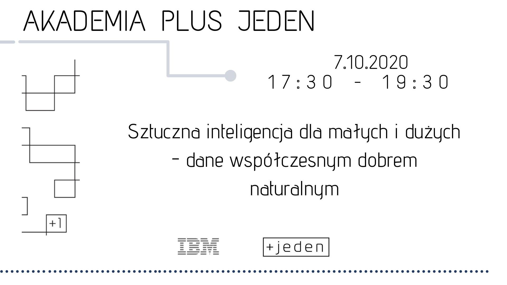 Plakat: czarny napis na białym tle -"Akademia Plus Jeden. Sztuczna inteligencja dla małych i dużych - dane współczesnym dobrem naturalnym".
