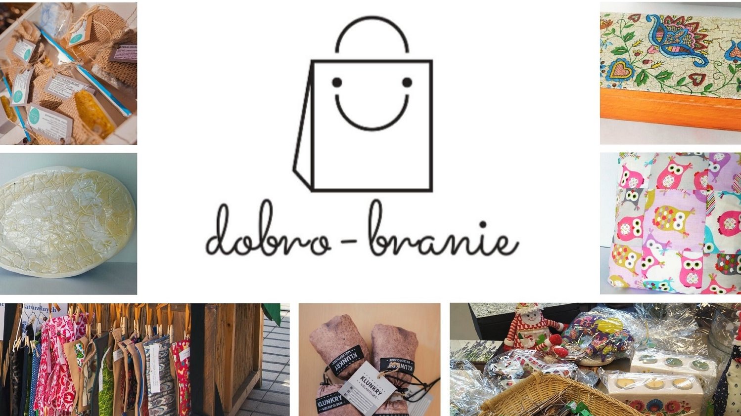 Grafika: w środku logotyp Dobro-brania, wokoł niego małe zdjęcia przedmiotów, jakie będzie można kupić na kiermaszu: ceramika, poduszka, torba, rękodzieło