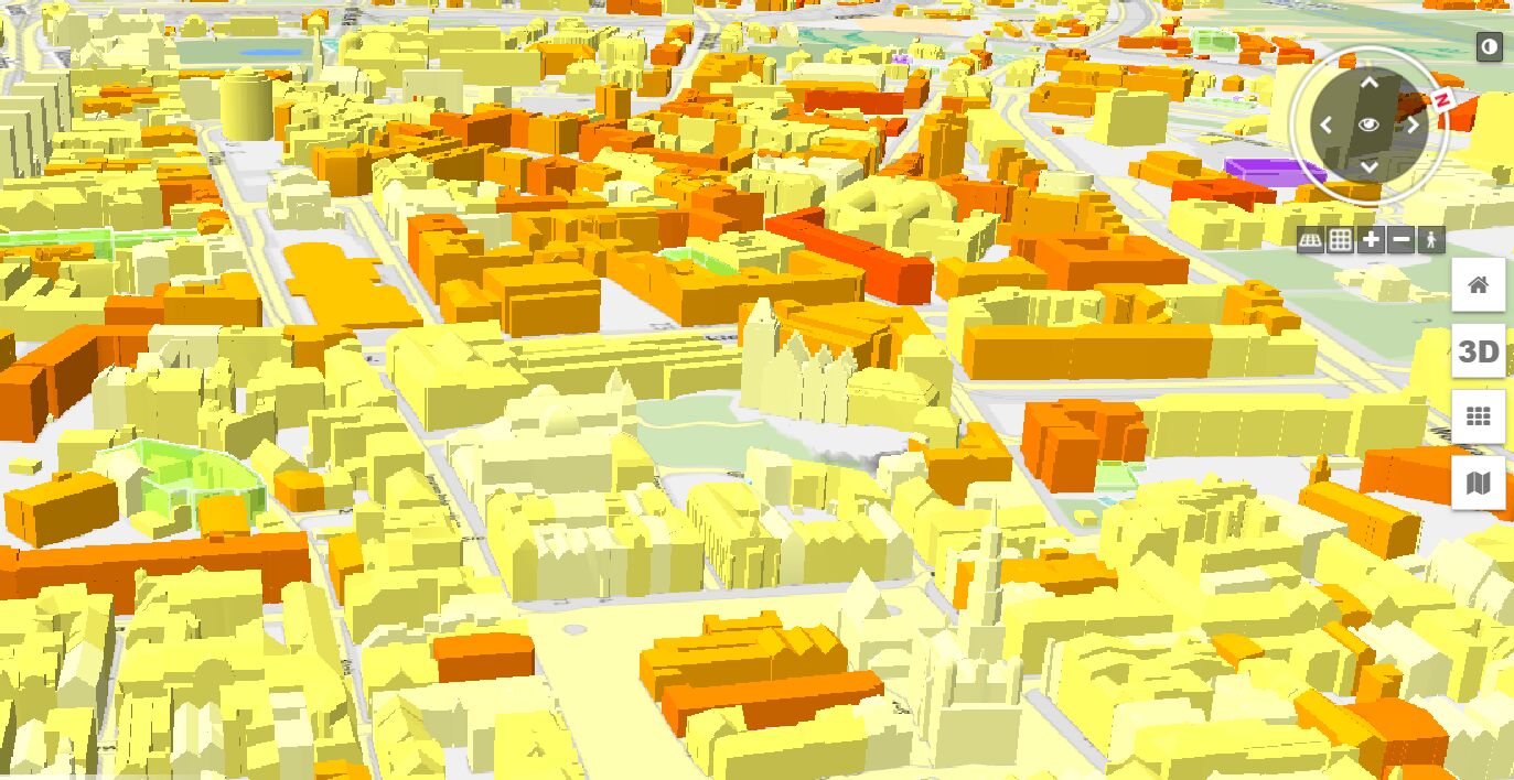 Grafika przedstawia budynki zaznaczone w kolorach od jasno pomarańczowego do czerwonego. - grafika artykułu