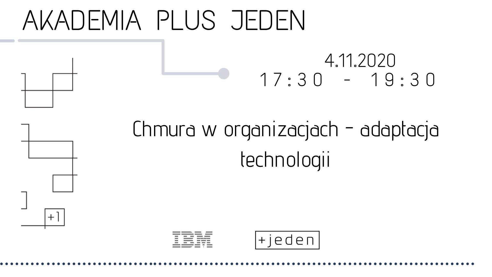 Grafika. Czarny napis na białym tle: Akademia Plus Jeden. Chmura w organizacjacj - adaptacja technologii.