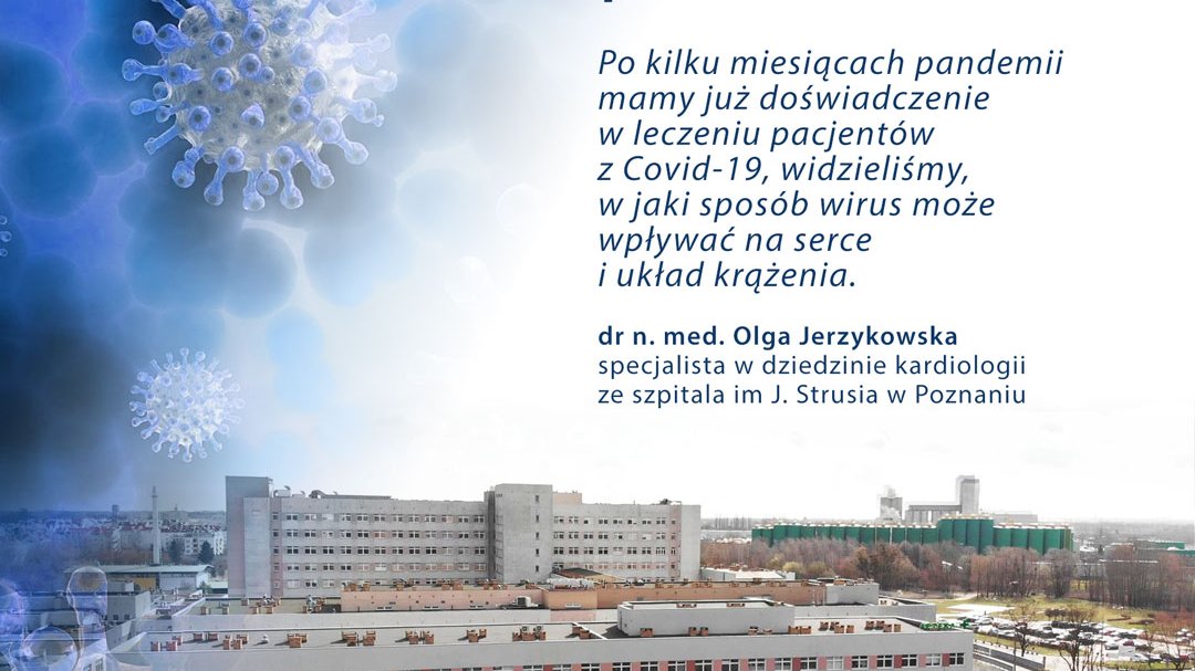 Grafika: cytat lekarza na tle zdjęcia przedstawiającego szpital im. J. Strusia z lotu ptaka