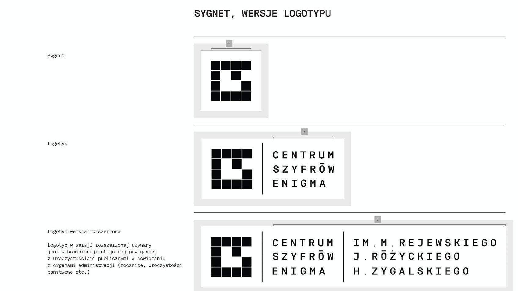 Strona z księgi znaku. Stronę wypełniają trzy wersje logo - sygnet, logoty i wersja rozszerzona.