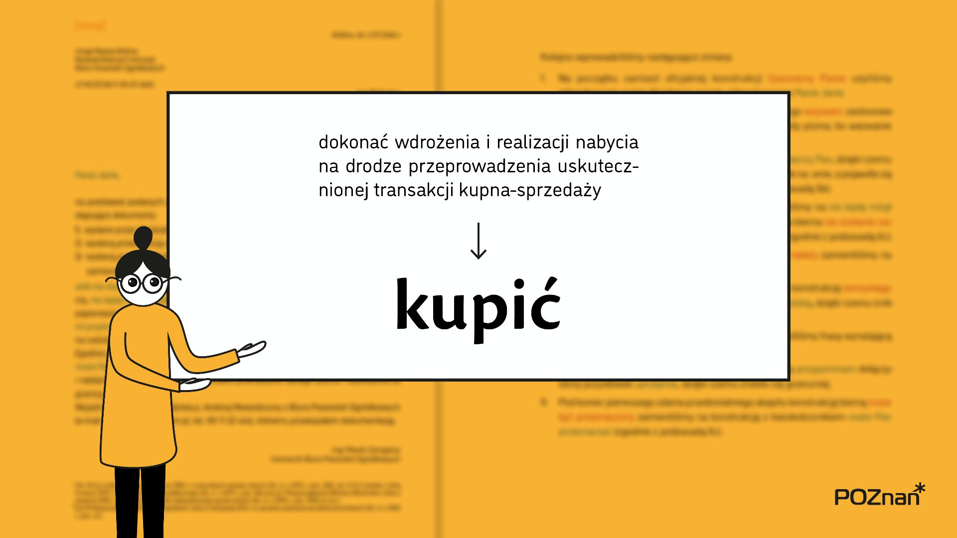 Grafika przedstawia opis słowa "kupić" na żółtym tle oraz rysunek dziewczyny. - grafika artykułu