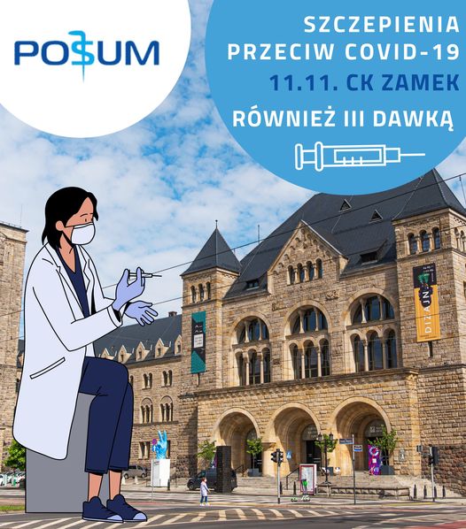 Grafika: na pierwszym planie rysunek lekarza ze strzykawką, w tle zdjęcie CK Zamek - grafika artykułu