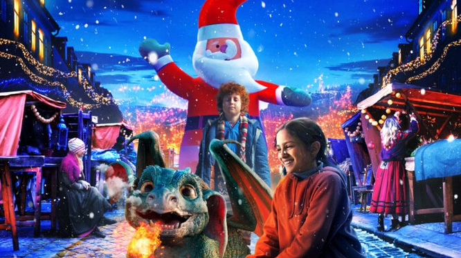 Grafika przedstawia plakat zapowiadający film. Widać na nim kadr z filmu dziewczynka głaszcze smoka, obok stoi chłopiec i święty Mikołaj. W tle widać innych ludzi zajętych codziennymi czynnościami.