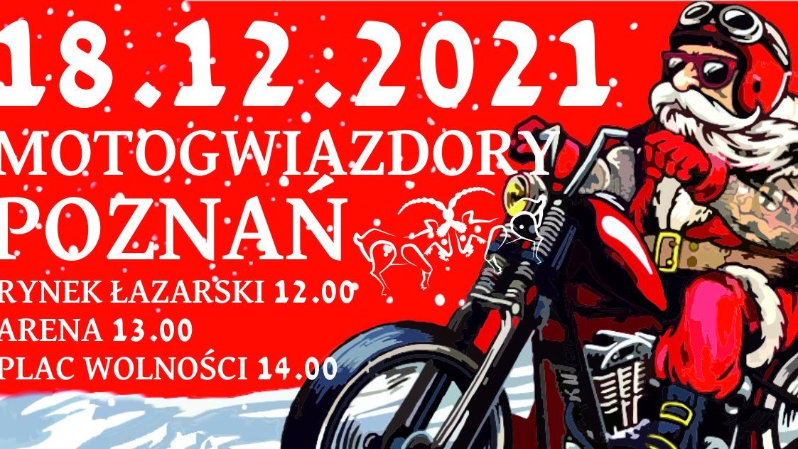 Grafika przedstawia rysunek świętego Mikołaja na motorze oraz informacje o wydarzeniu - białe litery na czerwonym tle.