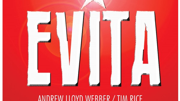 Grafika przedstawi biały napis "Evita" na czerwonym tle.