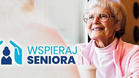 Grafika: portret starszej kobiety, obok napis: wspieraj seniora