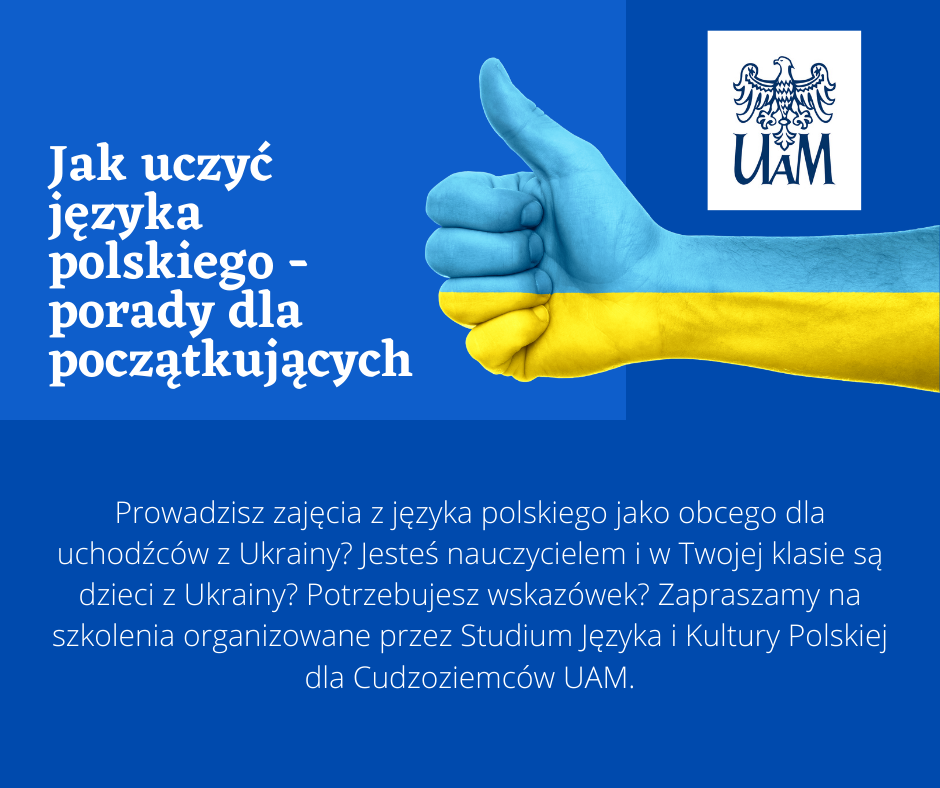 Grafika przedstawia rękę z kciukiem w górę w niebiesko żółtych barwach, jak flaga Ukrainy oraz informacje o warsztatach. - grafika artykułu