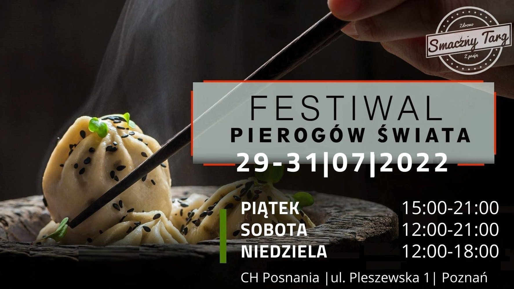 Plakat: najważniejsze informacje o wydarzeniu na tle zdjęcia azjatyckich pierogów