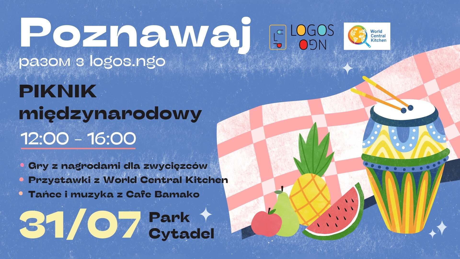 Plakat: Grafika koca, owoców i bębna, obok najważniejsze informacje o wydarzeniu