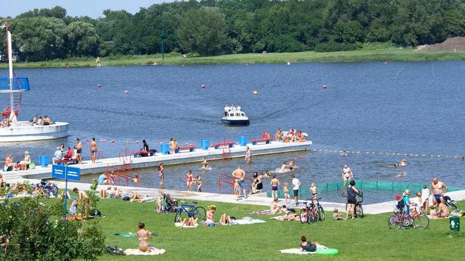 Zdjęcie kąpieliska nad Maltą, widać ludzi odpoczywających na trawniku przed jeziorem - grafika artykułu