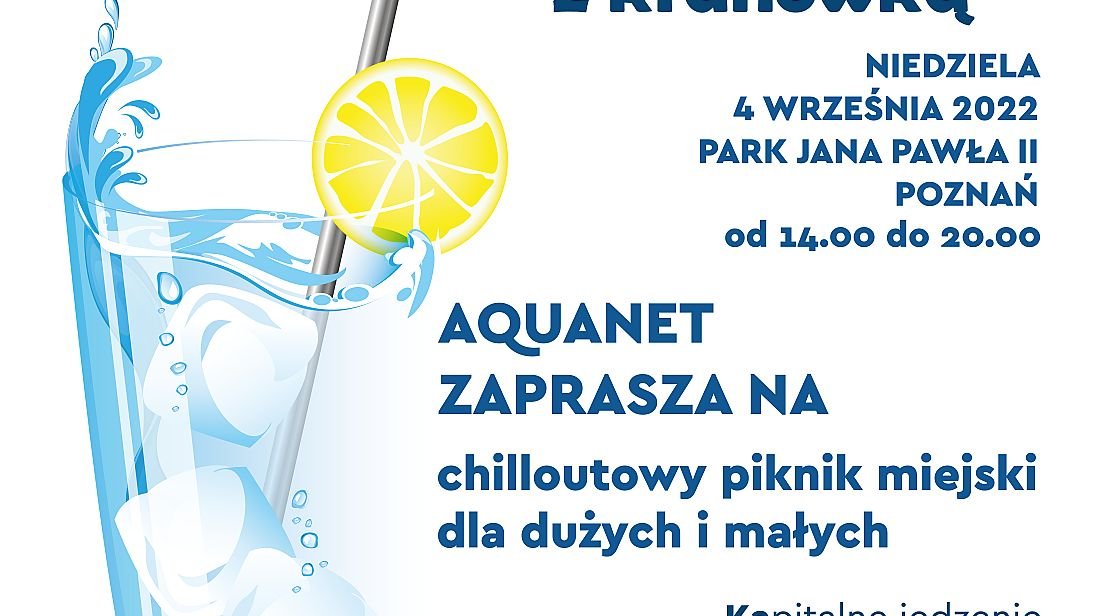 Plakat wydarzenia z napisami i szklanką wody