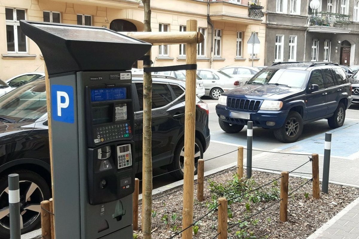 Parkomat przy ulicy. W tle widać parkujące samochody - grafika artykułu