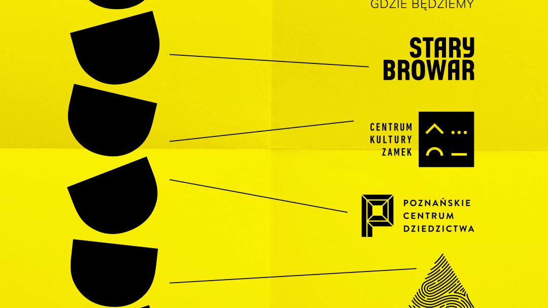 Żółty plakat z czarnymi elementami graficznymi oraz napisami i nazwami miejsc