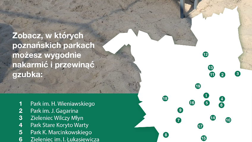 Infografika z mapką oraz zdjęciem ławki