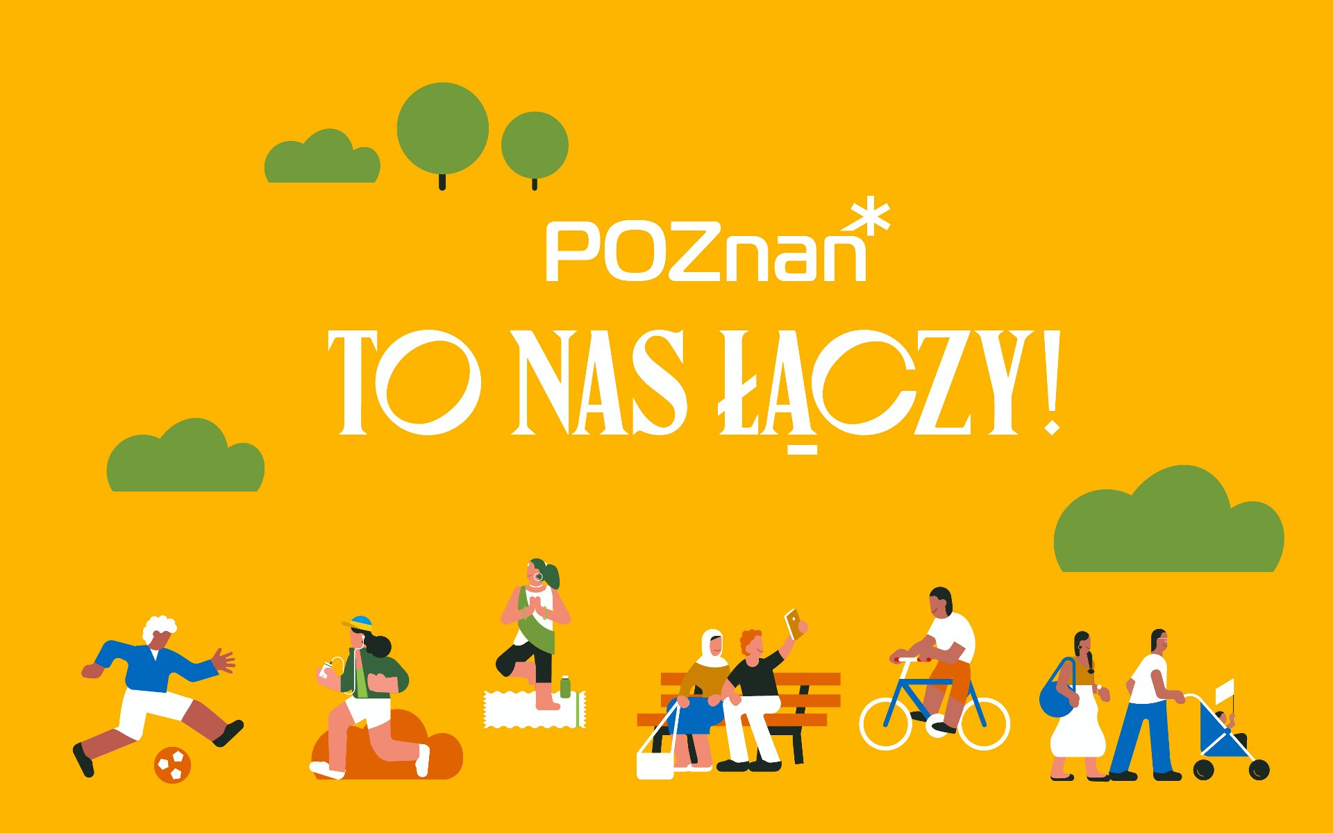 Grafika: na żółtym tle schematyczne rysunki ludzi robiących różne rzeczy, nad nimi napis: Poznań, to nas łączy - grafika artykułu