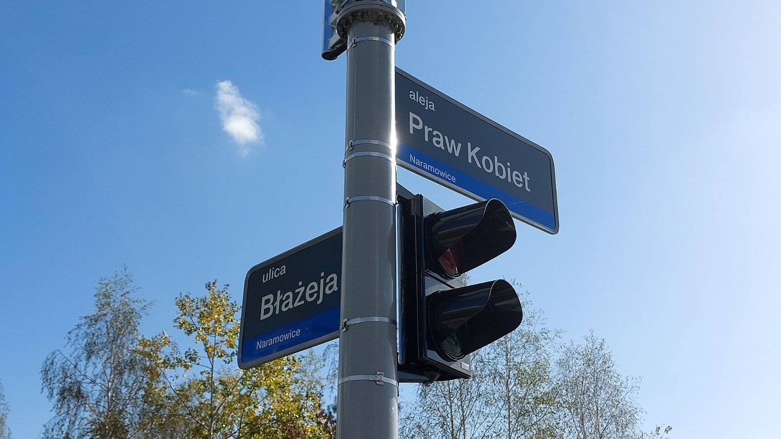 Na zdjęciu znajdują się znaki z nazwami ulic oraz sygnalizacja świetlna