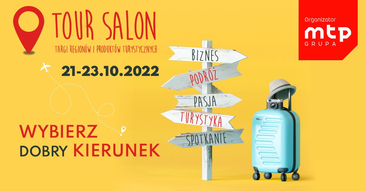 Plakat: na żółtym tle napis: Tour Salon, poniżej grafika drogowskazu i walizki - grafika artykułu