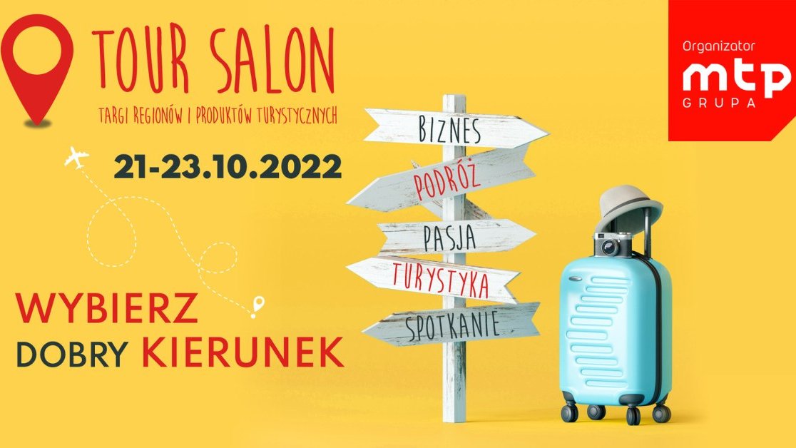 Plakat: na żółtym tle napis: Tour Salon, poniżej grafika drogowskazu i walizki