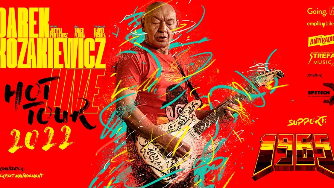 Czerwony plakat z elementami graficznymi, napisami oraz wizerunkiem mężczyzny z gitarą