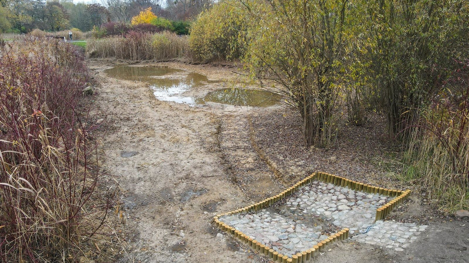 Na zdjęciu staw, na pierwszym planie konstrukcja z pni i kamieni