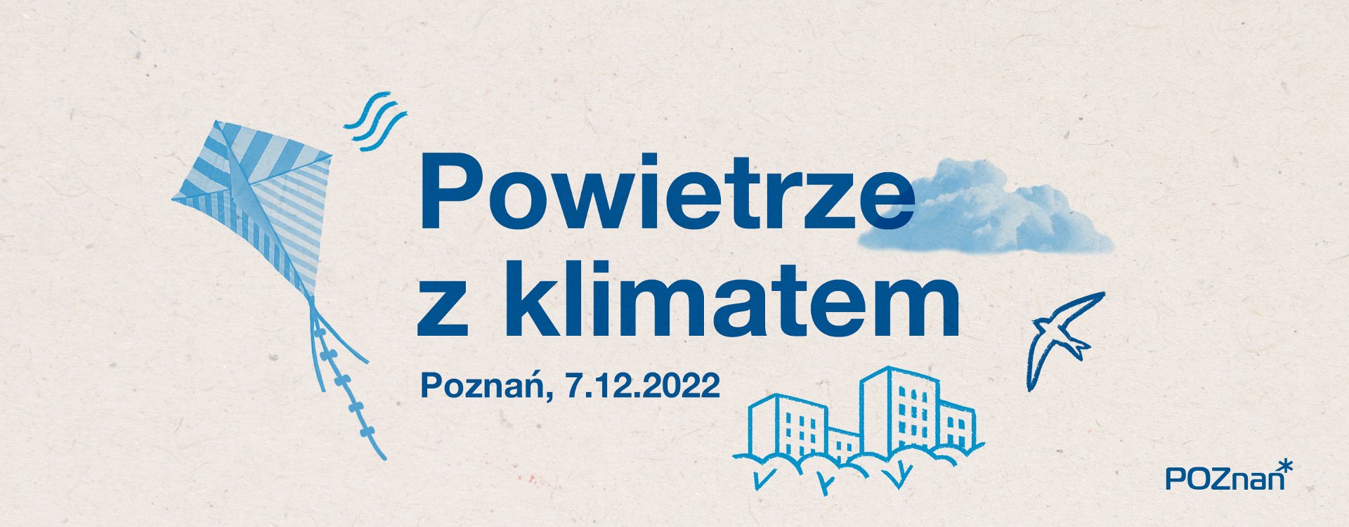 Plakat z informacjami o wydarzeniu oraz niebieskimi elementami graficznymi - latawcem, ptakiem i budynkami - grafika artykułu