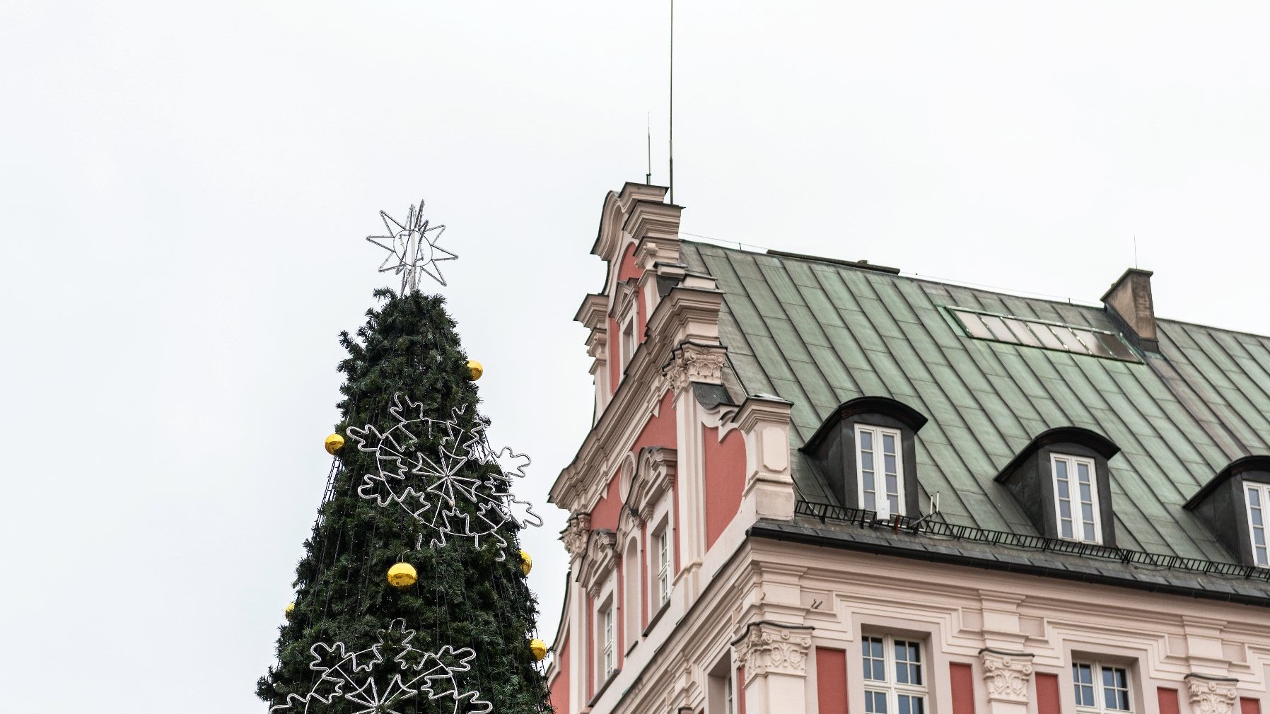 Galeria zdjęć przedstawia choinkę bożonarodzeniową udekorowaną lampkami i bombkami.