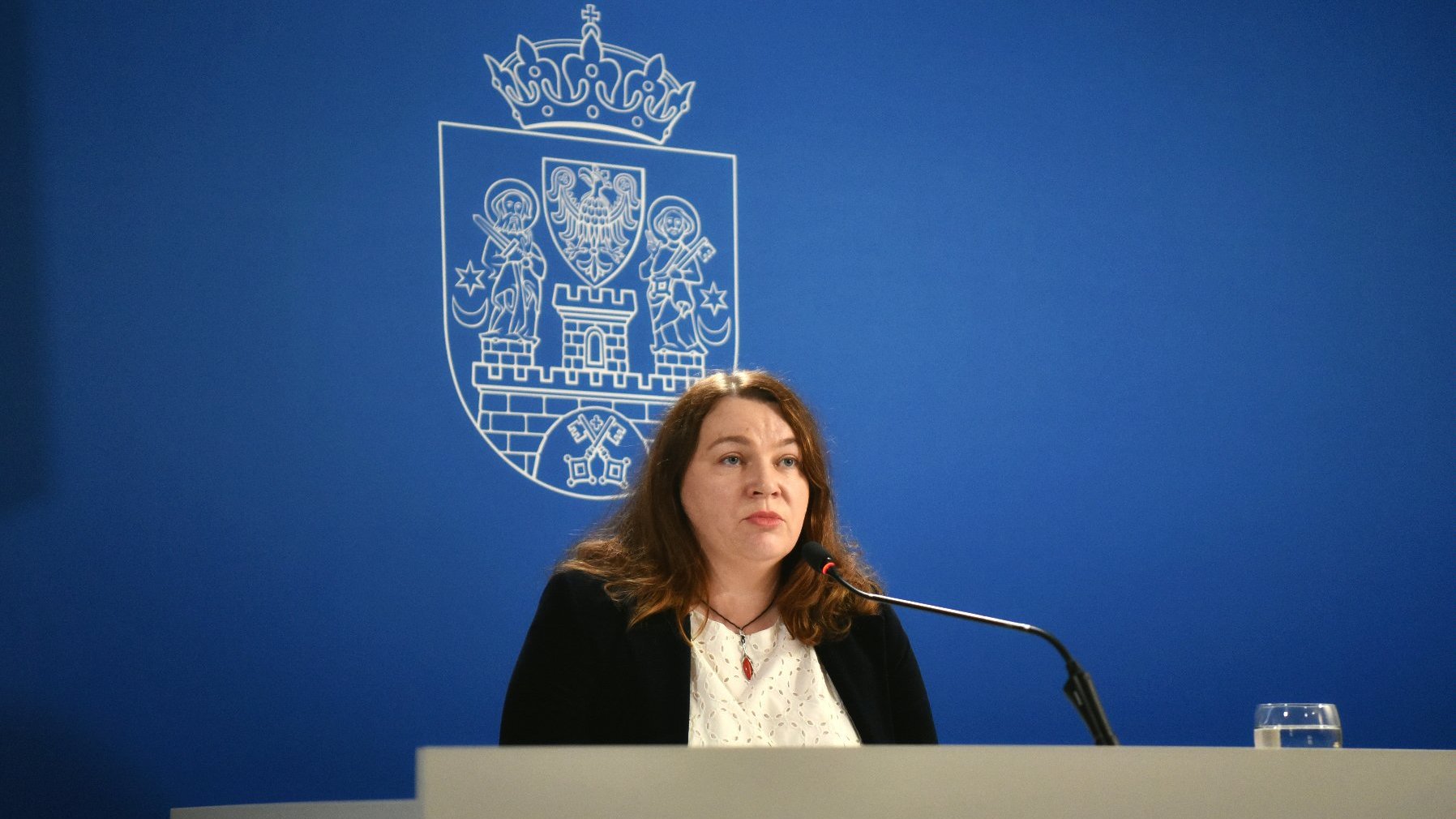 Na zdjęciu kobieta siedząca za stołem i mówiąca do mikrofonu, za nią niebieskie tło