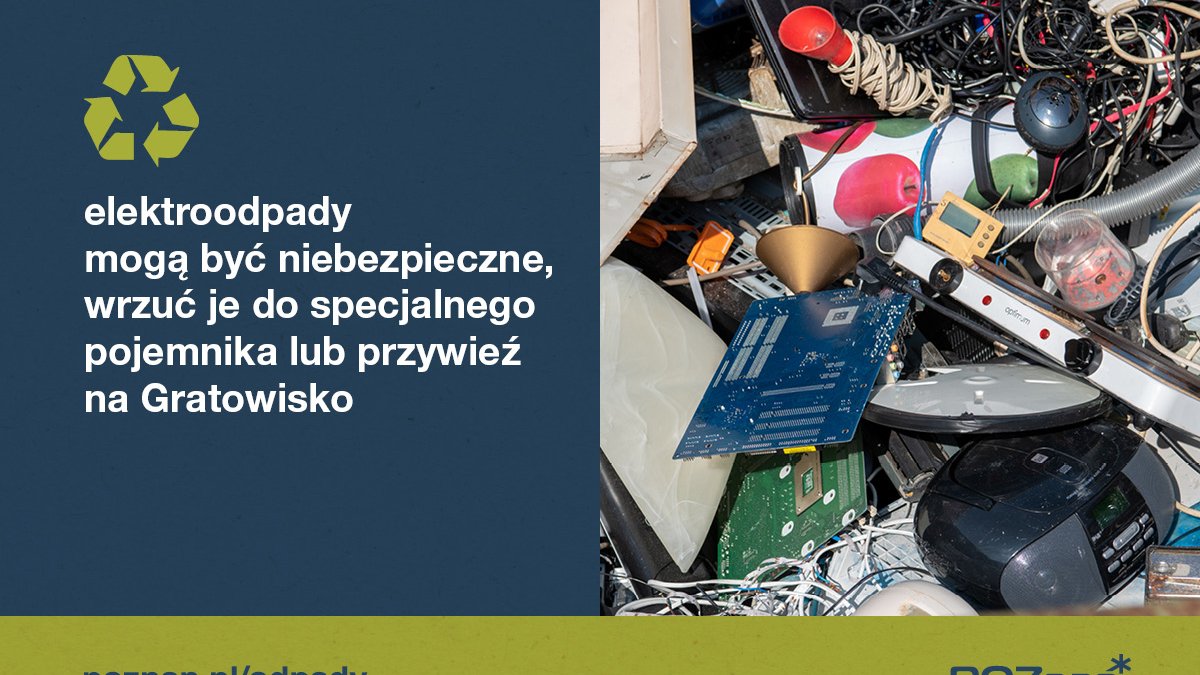 Grafika z informacjami oraz zdjęciem odpadów elektronicznych - kabli, starych urządzeń