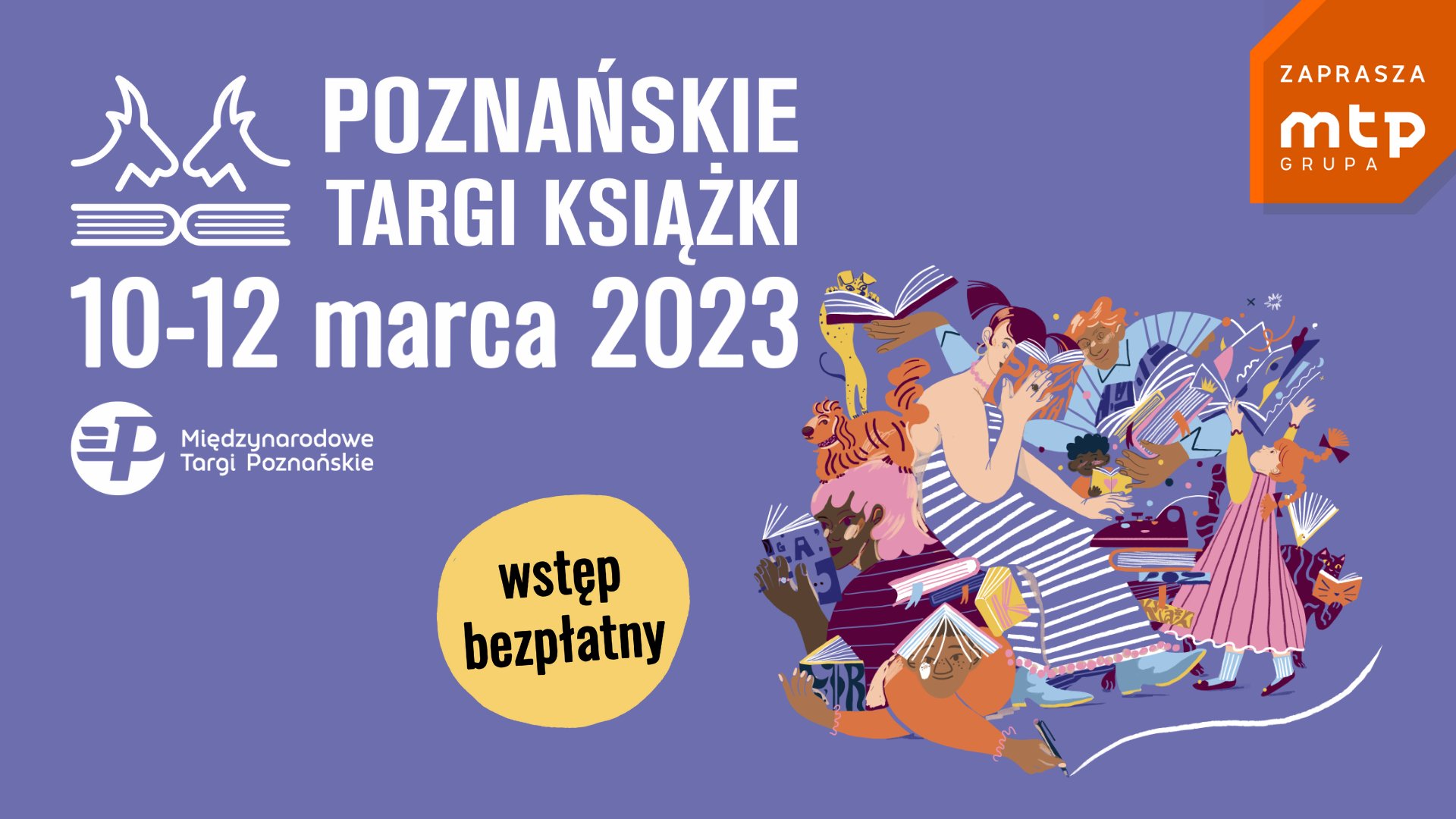 Grafik z informacjami o wydarzeniu oraz elementami graficznymi - różnymi postaciami z książkami