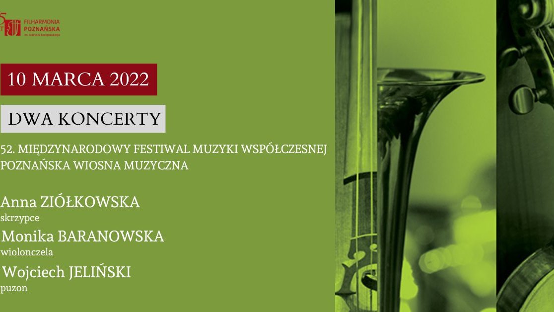 Grafika z informacjami o wydarzeniu oraz instrument muzyczny, wszystko w zielonych odcieniach