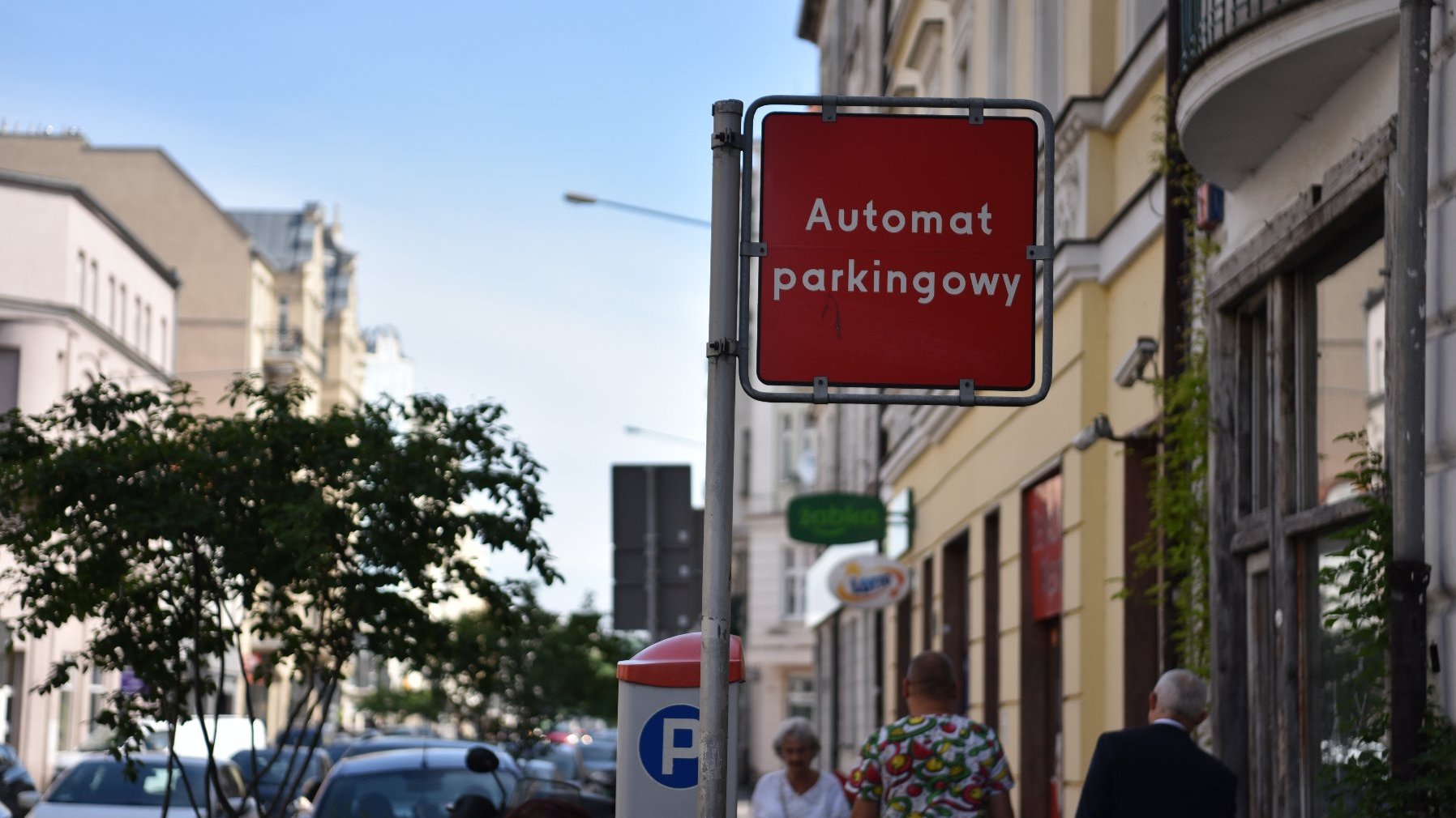 Zdjęcie oznakowania i parkometru w strefie płatnego parkowania