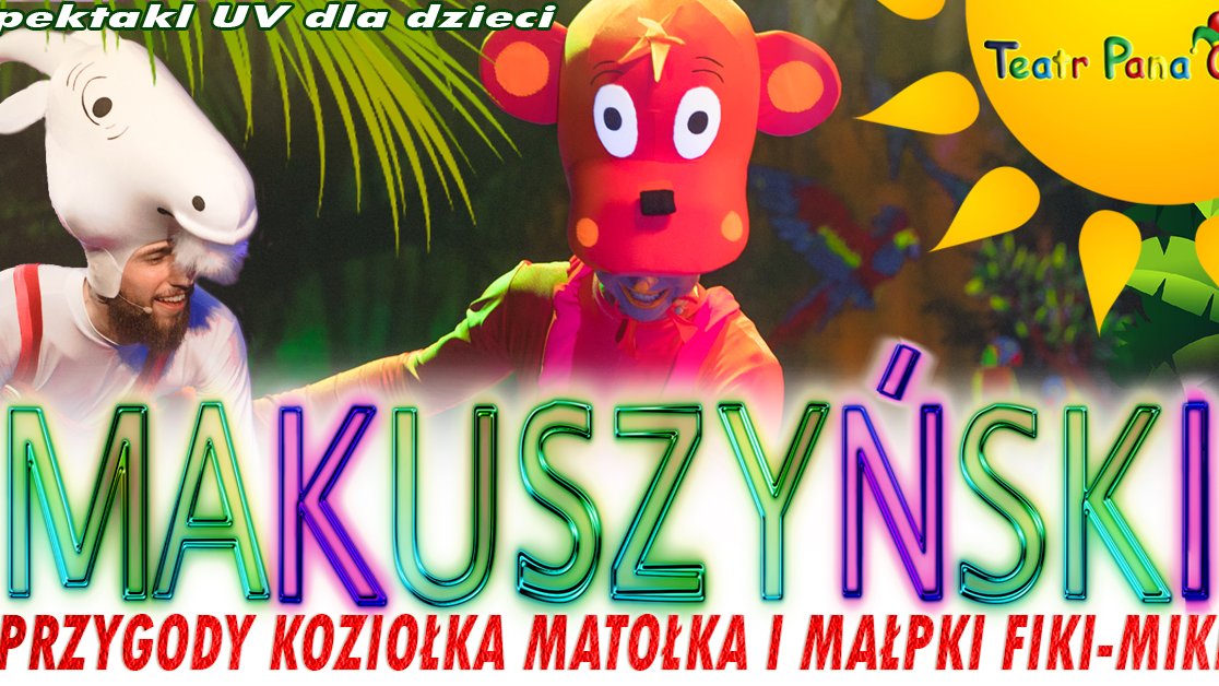 Kolorowy plakat z informacjami o wydarzeniu oraz dwiema osobami przebranymi za postaci z bajki