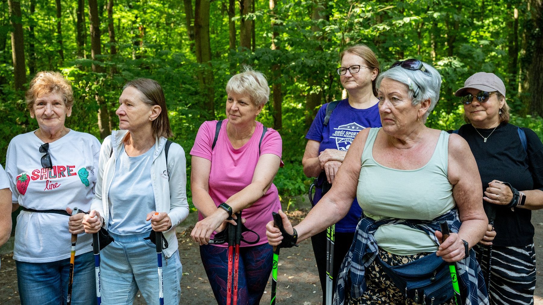 Galeria zdjęć przedstawia grupę seniorów w strojach sportowych z kijkami do nordic walking.