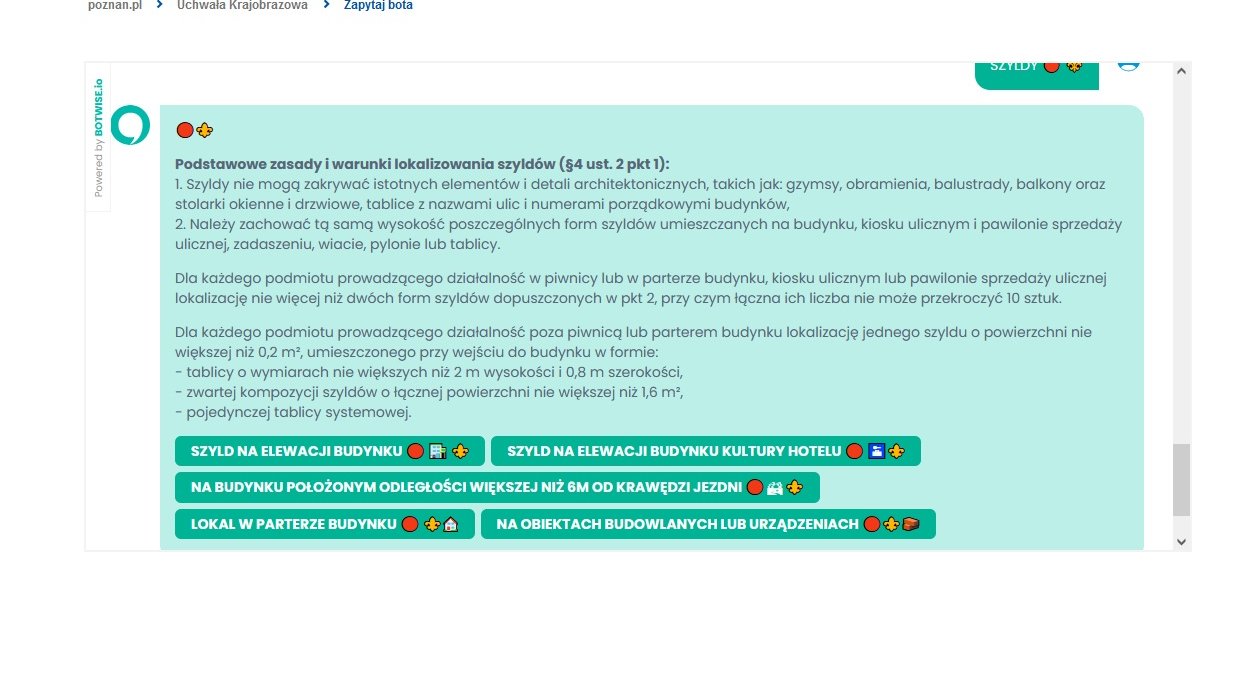 Zrzut ekranu ze strony poznan.pl. Na zdjęciu widać okno dialogowe oraz hasła związane z elektroniczną usługą bota, dedykowaną uchwale krajobrazowej.