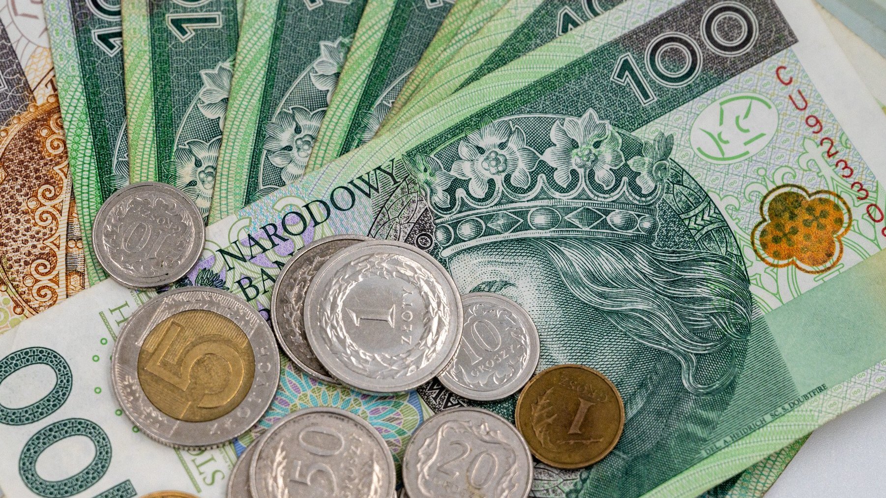 Zdjęcie przedstawia banknoty 100 zł oraz kilka monet o różnych nominałach.