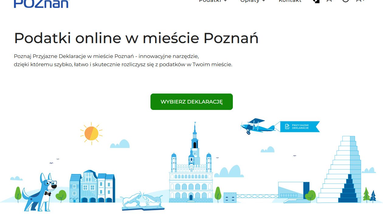 Zrzut ekranu ze strony Przyjazne Deklaracje. Na stronie widać m.in. napis "Podatki onlie w mieście Poznań" oraz przycisk "wybierze deklarację".